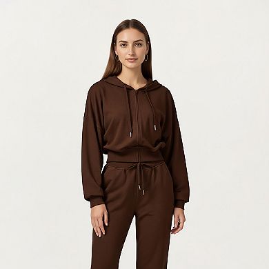 Women's Cropped Zip-Up Hoodie with Drawstring Hood and Long Sleeves
