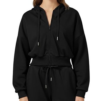 Women's Cropped Zip-Up Hoodie with Drawstring Hood and Long Sleeves