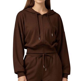 Women's Cropped Zip-Up Hoodie with Drawstring Hood and Long Sleeves