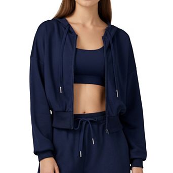 Women's Cropped Zip-Up Hoodie with Drawstring Hood and Long Sleeves