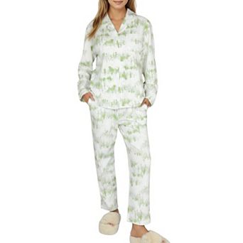Women's Long Sleeve Button Front Top with Built-In Chest Pads and Relaxed Fit Pants Pajama Set