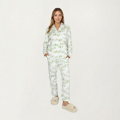 Women's Long Sleeve Button Front Top with Built-In Chest Pads and Relaxed Fit Pants Pajama Set