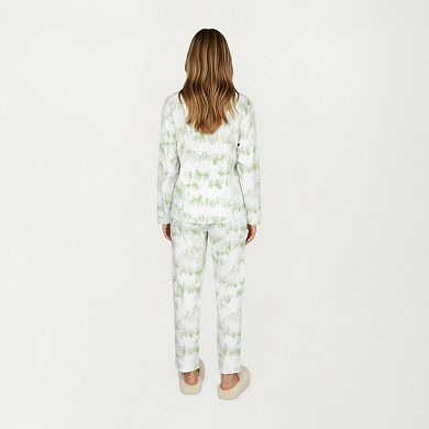 Women's Long Sleeve Button Front Top with Built-In Chest Pads and Relaxed Fit Pants Pajama Set