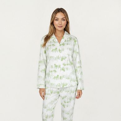 Women's Long Sleeve Button Front Top with Built-In Chest Pads and Relaxed Fit Pants Pajama Set
