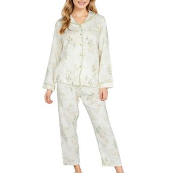 Women's 2 pc Long Sleeve Button Front Top and Relaxed Fit Pants Pajama Set with Botanical Print
