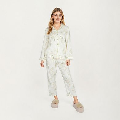 Women's 2-Piece Long Sleeve Button Front Top and Relaxed Fit Pants Pajama Set with Botanical Print