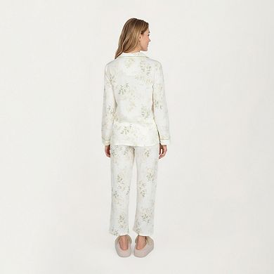Women's 2-Piece Long Sleeve Button Front Top and Relaxed Fit Pants Pajama Set with Botanical Print