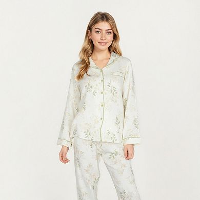 Women's 2-Piece Long Sleeve Button Front Top and Relaxed Fit Pants Pajama Set with Botanical Print