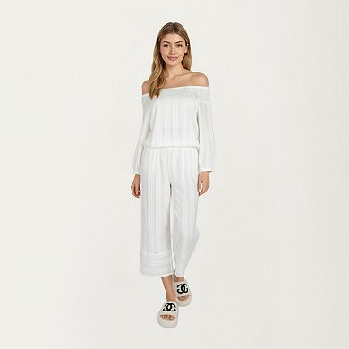 Women's 2-Piece Set Long Sleeve Gathered Neckline Top and Relaxed Fit Pants Pajama Set