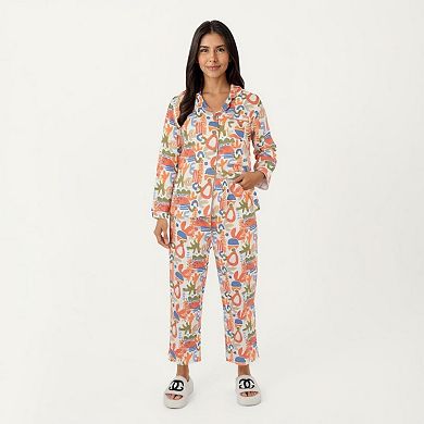 Women's 2-Piece Set Abstract Print Button-Up V-Neck Pajama Top and Matching Pants