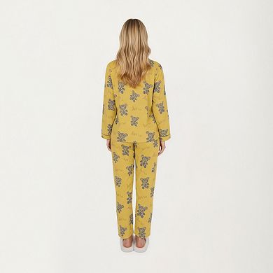 Women's 2-Piece Set Teddy Bear Print Button-Up Long Sleeve Pajama Top and Relaxed Fit Pants