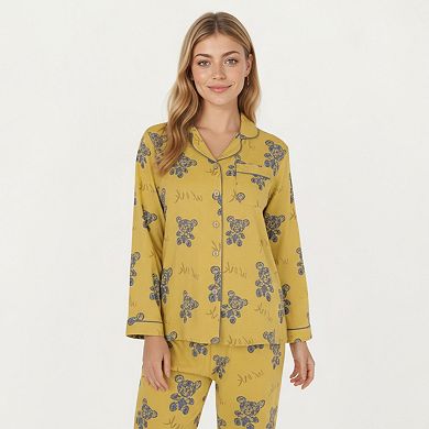 Women's 2-Piece Set Teddy Bear Print Button-Up Long Sleeve Pajama Top and Relaxed Fit Pants