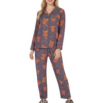 Women's 2 pc Set Teddy Bear Print Button-Up Long Sleeve Pajama Top and Relaxed Fit Pants