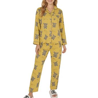Women's 2 pc Set Teddy Bear Print Button-Up Long Sleeve Pajama Top and Relaxed Fit Pants