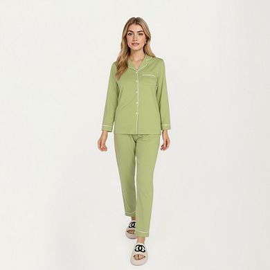 Women's 2-Piece Set Long Sleeve Button Front Top and Matching Relaxed Fit Pants Pajama Set