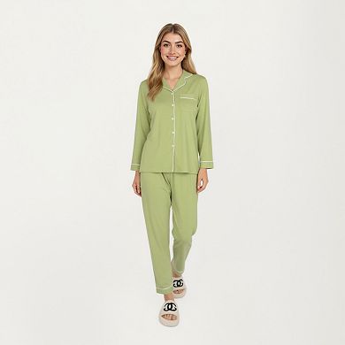 Women's 2-Piece Set Long Sleeve Button Front Top and Matching Relaxed Fit Pants Pajama Set