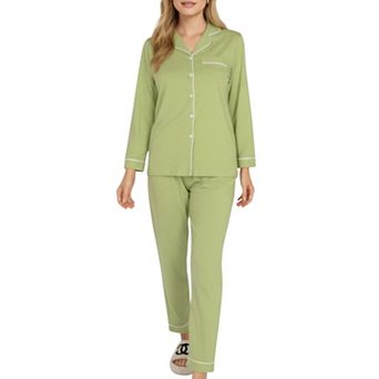 Women's 2 pc Set Long Sleeve Button Front Top and Matching Relaxed Fit Pants Pajama Set