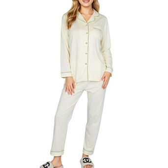 Women's 2 pc Set Long Sleeve Button Front Top and Matching Relaxed Fit Pants Pajama Set