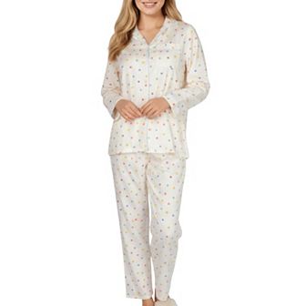 Women's 2 pc Set Polka Dot Print Button-Up Long Sleeve Pajama Top and Matching Pants