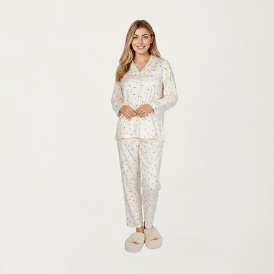 Women's 2-Piece Set Polka Dot Print Button-Up Long Sleeve Pajama Top and Matching Pants
