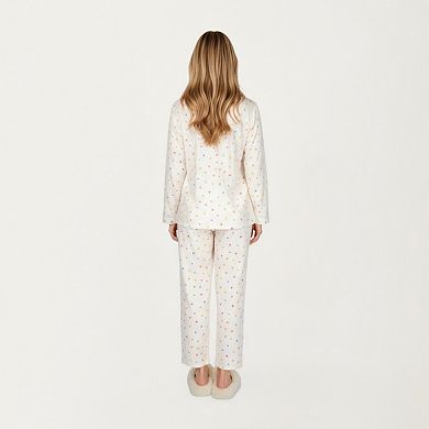 Women's 2-Piece Set Polka Dot Print Button-Up Long Sleeve Pajama Top and Matching Pants