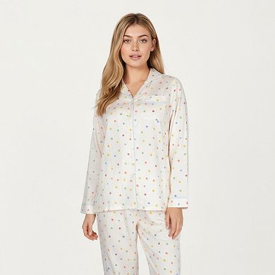 Women's 2-Piece Set Polka Dot Print Button-Up Long Sleeve Pajama Top and Matching Pants
