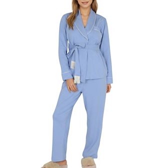 Women's 2 pc Set Long Sleeve Belted Wrap Top and Relaxed Fit Pants Pajama Set with Shawl Collar