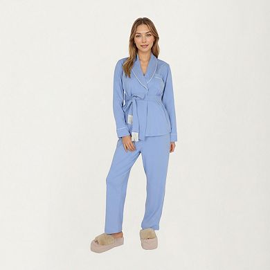 Women's 2-Piece Set Long Sleeve Belted Wrap Top and Relaxed Fit Pants Pajama Set with Shawl Collar