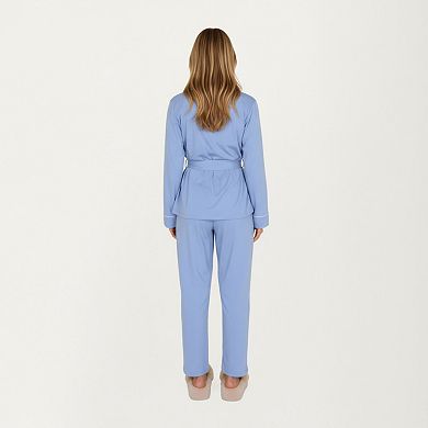 Women's 2-Piece Set Long Sleeve Belted Wrap Top and Relaxed Fit Pants Pajama Set with Shawl Collar