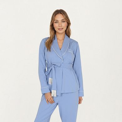 Women's 2-Piece Set Long Sleeve Belted Wrap Top and Relaxed Fit Pants Pajama Set with Shawl Collar