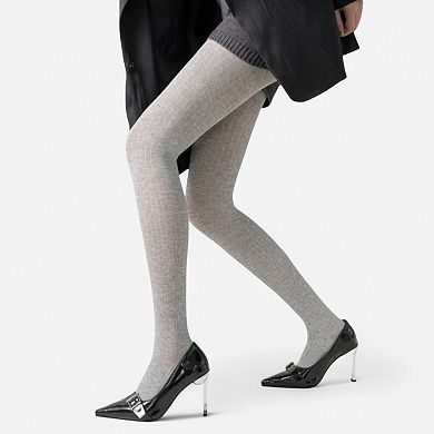 Women's Ribbed Knit Opaque Tights with Soft Stretch Fabric and Elastic Waistband