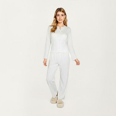 Women's Long Sleeve Button Front Top with Built-In Chest Pads and Relaxed Fit Pants Pajama Set