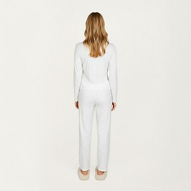 Women's Long Sleeve Button Front Top with Built-In Chest Pads and Relaxed Fit Pants Pajama Set