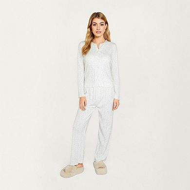 Women's Long Sleeve Button Front Top with Built-In Chest Pads and Relaxed Fit Pants Pajama Set