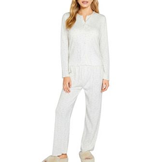 Women's Long Sleeve Button Front Top with Built-In Chest Pads and Relaxed Fit Pants Pajama Set