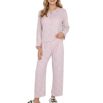 Women's Long Sleeve Button Front Top with Built-In Chest Pads and Relaxed Fit Pants Pajama Set