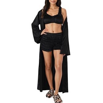 Women's 3 pc Pajama Set Satin Robe with Matching Bralette Top and Elastic Waist Shorts Loungewear