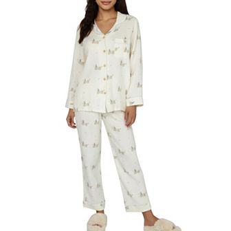Women's 2 pc Set Long Sleeve Button Front Top and Relaxed Fit Pants Pajama Set with Dog Print