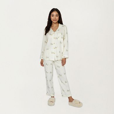Women's 2-Piece Set Long Sleeve Button Front Top and Relaxed Fit Pants Pajama Set with Dog Print