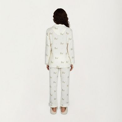 Women's 2-Piece Set Long Sleeve Button Front Top and Relaxed Fit Pants Pajama Set with Dog Print