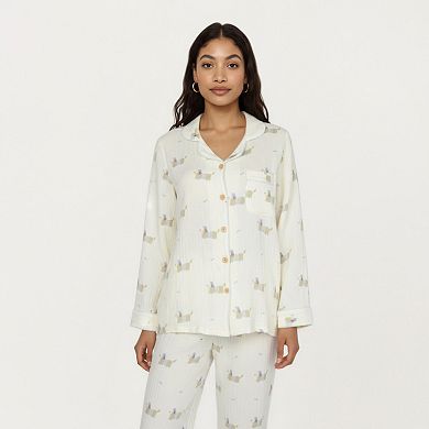 Women's 2-Piece Set Long Sleeve Button Front Top and Relaxed Fit Pants Pajama Set with Dog Print