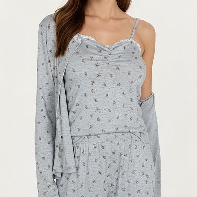 Women's 3-Piece Set Long Sleeve Padded Button Top, Camisole, and Relaxed Fit Pants Pajama Set