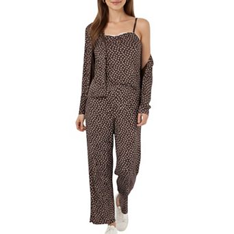 Women's 3 pc Set Long Sleeve Padded Button Top, Camisole, and Relaxed Fit Pants Pajama Set