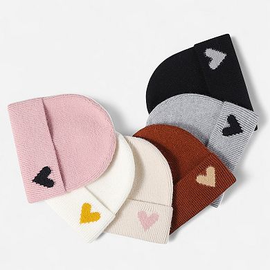 Women's Knit Beanie Hat with Embroidered Heart Detail and Folded Cuff