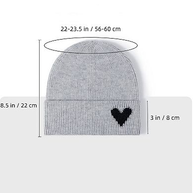 Women's Knit Beanie Hat with Embroidered Heart Detail and Folded Cuff