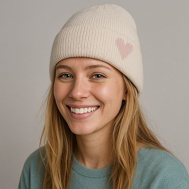 Women's Knit Beanie Hat with Embroidered Heart Detail and Folded Cuff