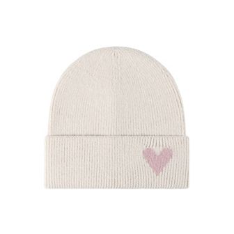 Women's Knit Beanie Hat with Embroidered Heart Detail and Folded Cuff