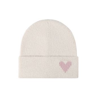 Women's Knit Beanie Hat with Embroidered Heart Detail and Folded Cuff