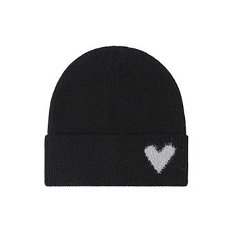 Women's Knit Beanie Hat with Embroidered Heart Detail and Folded Cuff