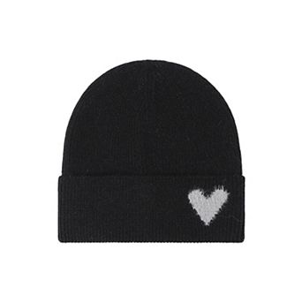 Women's Knit Beanie Hat with Embroidered Heart Detail and Folded Cuff